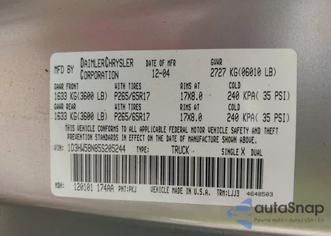 2005 Dodge Dakota Quad Laramie from USA, damaged, VIN 1D3HW58N85S205244